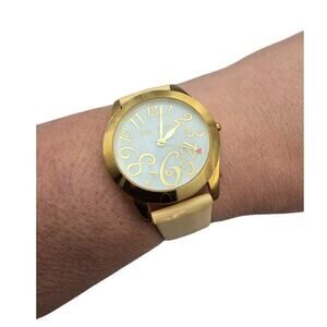 Betsey Johnson Gold Watch Cream Patent Strap Swirl Dial Y2K Glam Romantic